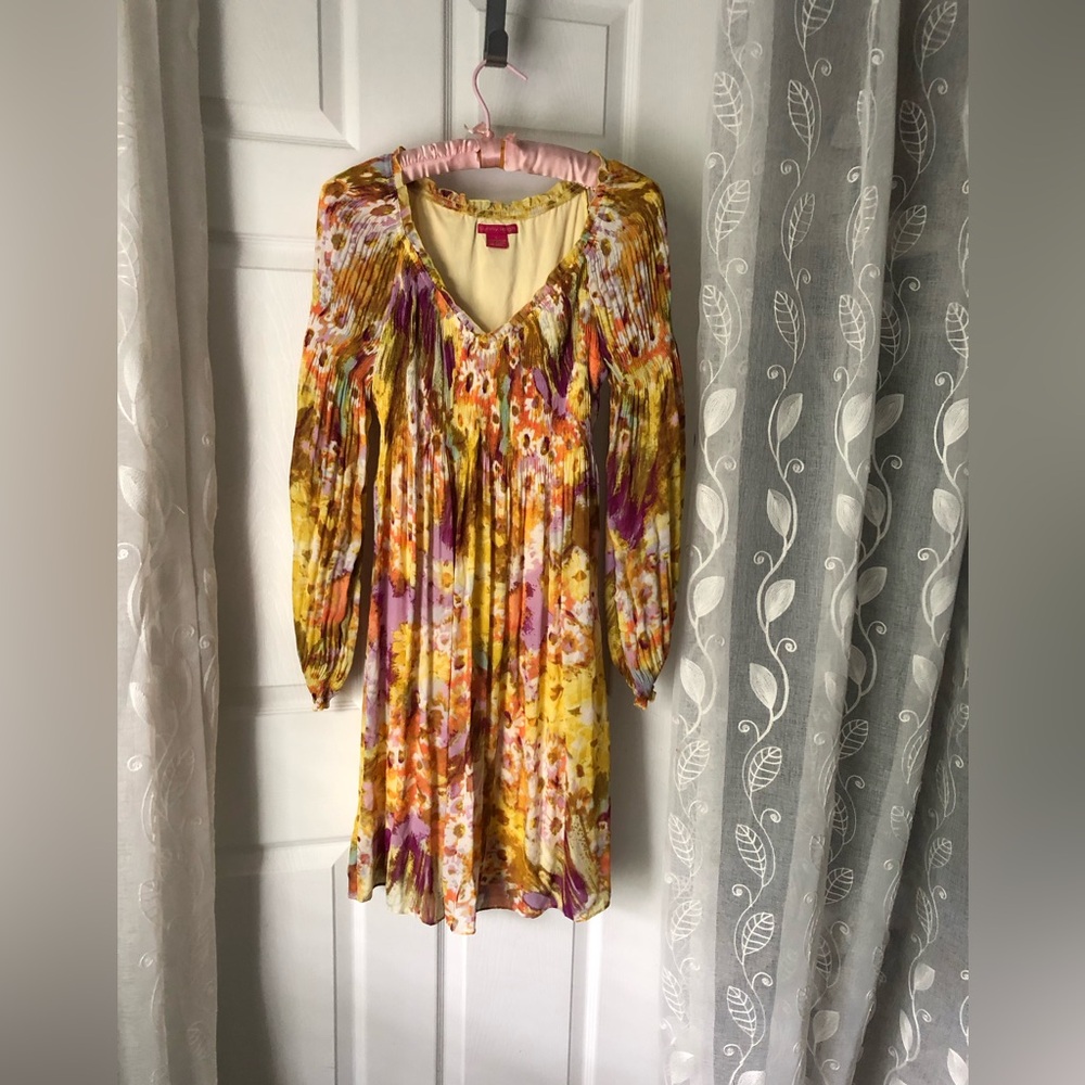 Sunny Leigh bright color floral short Hippie dress flutter sleeve women sz S - Picture 1 of 11